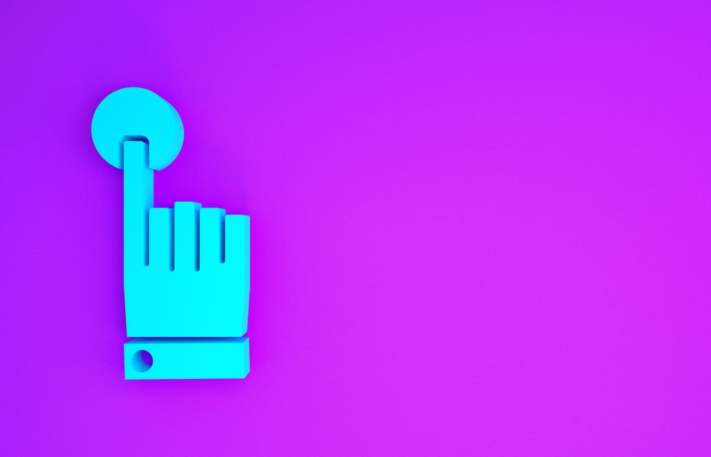 Blue Hand Touch and Tap Gesture Icon Isolated on Purple Background. Click Here, Finger, Touch, Pointer, Cursor, Mouse Symbol. Minimalism Concept. 3D Illustration 3D Render